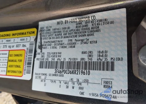 2019 Ford Fusion Sel z USA, uszkodzony, nr VIN 3FA6P0CD6KR219610